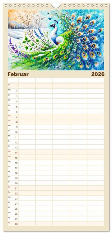 Produktbild: Familienplaner 2026 - Tanz der Pfauen - Jahreszeiten in abstrakter Eleganz mit 5 Spalten (Wandkalender, 21 x 45 cm) CALVENDO
