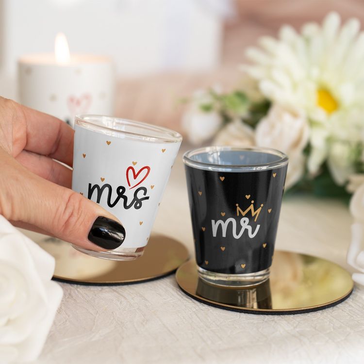 Produktbild: Schnapsglas-Set Motiv "Hochzeit Mr. & Mrs."