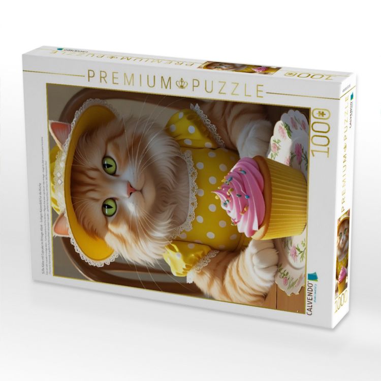 Produktbild: CALVENDO Puzzle S&uuml;&szlig;e Katze mit Cupcake im Vintage-Kleid - lustiges Katzenbild f&uuml;r die K&uuml;che | 1000 Teile Lege-Gr&ouml;&szlig;e 64x48cm Foto-Puzzle f&uuml;r gl&uuml;ckliche
