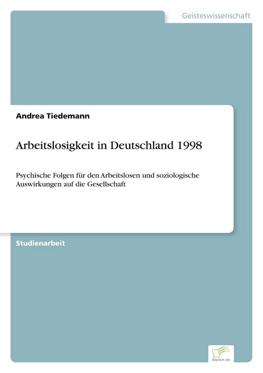 Produktbild: Arbeitslosigkeit in Deutschland 1998