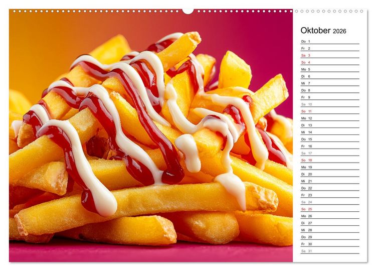 Produktbild: Pommes Rot-Wei&szlig; - Fastfood-Humor mit knusprigen Fritten, Ketchup und Mayo (hochwertiger Premium Wandkalender 2026 DIN A2 quer), Kunstdruck in Hochglanz