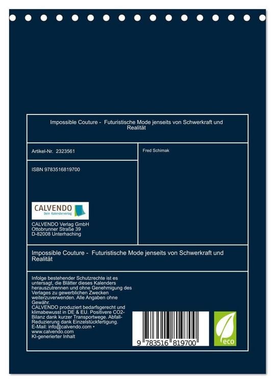 Produktbild: Impossible Couture - Futuristische Mode jenseits von Schwerkraft und Realit&auml;t (Tischkalender 2027 DIN A5 hoch), CALVENDO Monatskalender