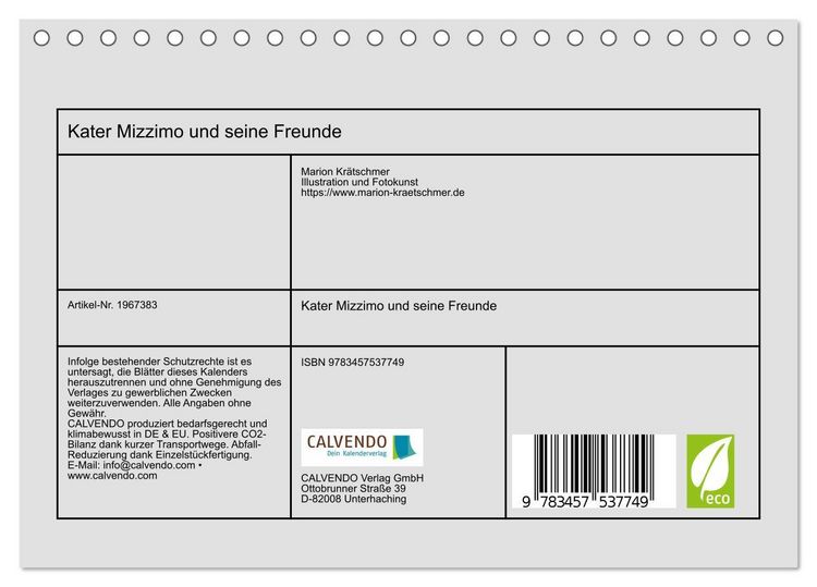 Produktbild: Kater Mizzimo und seine Freunde (Tischkalender 2026 DIN A5 quer), CALVENDO Monatskalender