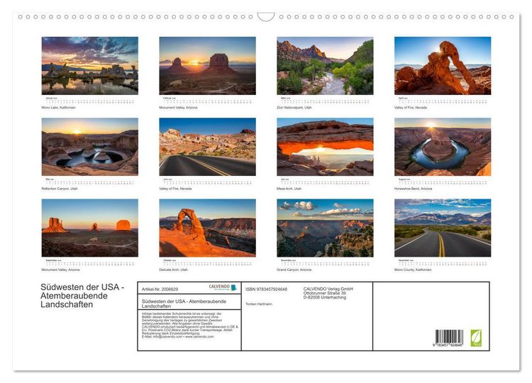 Produktbild: S&uuml;dwesten der USA - Atemberaubende Landschaften (Wandkalender 2026 DIN A2 quer), CALVENDO Monatskalender