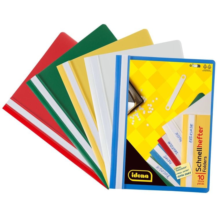 Produktbild: Idena Schnellhefter aus Kunststoff extra stark transparent 5 Farben DIN A4 10 Stück
