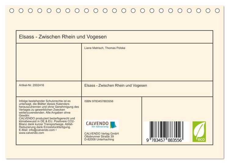 Produktbild: Elsass - Zwischen Rhein und Vogesen (Tischkalender 2026 DIN A5 quer), CALVENDO Monatskalender