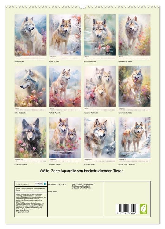 Produktbild: W&ouml;lfe. Zarte Aquarelle von beeindruckenden Tieren (hochwertiger Premium Wandkalender 2026 DIN A2 hoch), Kunstdruck in Hochglanz