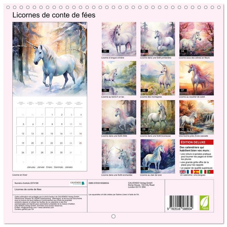 Produktbild: Licornes de conte de f&eacute;es (Calendrier mural carr&eacute; 2026 30x30 cm) Calendrier double avec une page pour vos prises de notes
