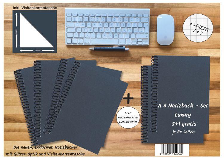Produktbild: A 6 Notizbuch - Set, 5+1 gratis, Luxury 80 Seiten BLAU NEW LAPISLAZULI GLITTER-OPTIK, kariert 7x7mm