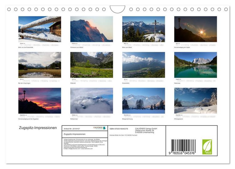 Produktbild: Zugspitz-Impressionen (Wandkalender 2026 DIN A4 quer), CALVENDO Monatskalender