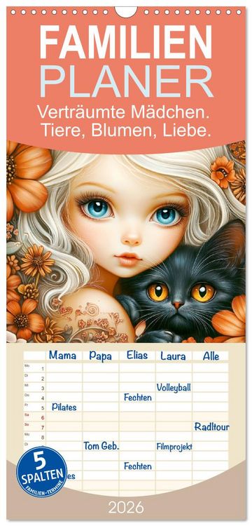 Produktbild: Familienplaner 2026 - Vertr&auml;umte M&auml;dchen. Tiere, Blumen, Liebe. mit 5 Spalten (Wandkalender, 21 x 45 cm) CALVENDO