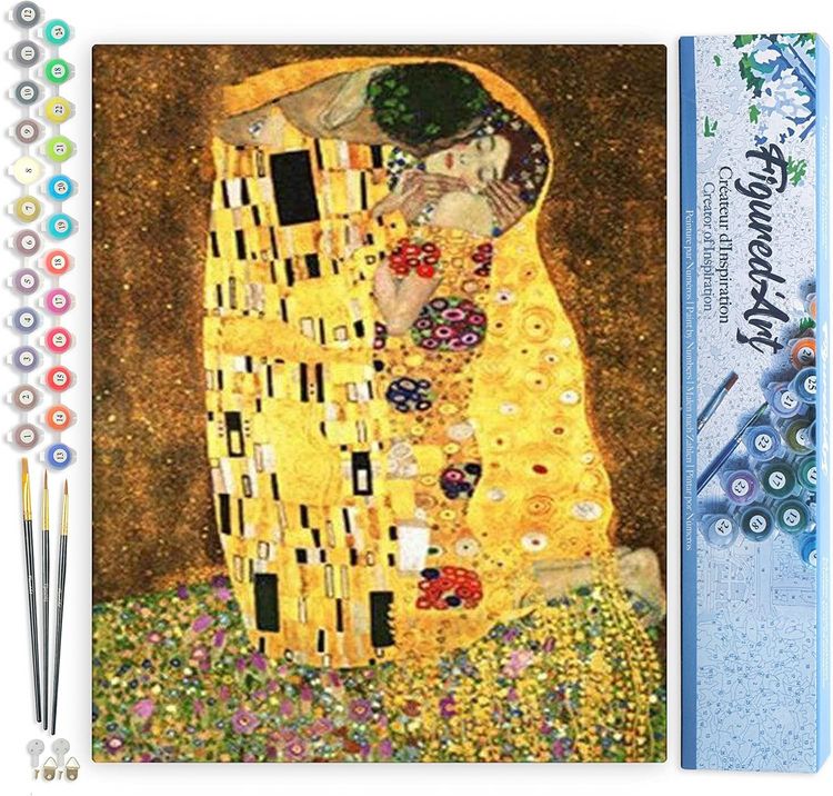 Produktbild: FiguredArt PN1023 - Malen nach Zahlen, Der Kuss Klimt, Leinwand 40x50cm ohne Rahmen, Malset, Paint by Numbers