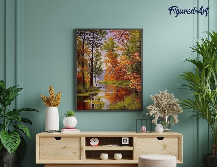 Produktbild: FiguredArt DP-508 - Diamond Painting, See im Herbst, 5D Bild (40x50cm) mit eckigen Steinen, DIY Bastelset