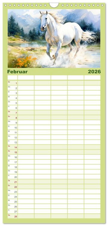 Produktbild: Familienplaner 2026 - Anmutige Schimmel. &Auml;sthetik Aquarell-Pferde mit 5 Spalten (Wandkalender, 21 x 45 cm) CALVENDO