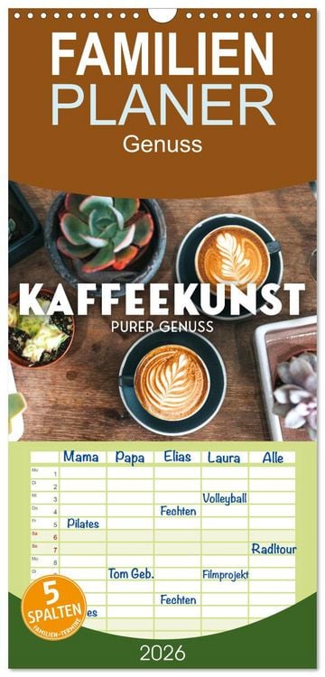 Produktbild: Familienplaner 2026 - Kaffeekunst - Purer Genuss mit 5 Spalten (Wandkalender, 21 x 45 cm) CALVENDO