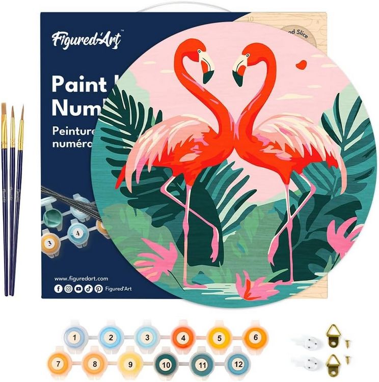 Produktbild: FiguredArt RFA026 - Malen nach Zahlen, Tropische Flamingos, Holzscheibe (30cm), Malset, Paint by Numbers