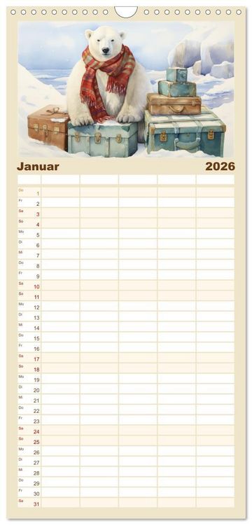 Produktbild: Familienplaner 2026 - Eisb&auml;r Eik auf Europareise mit 5 Spalten (Wandkalender, 21 x 45 cm) CALVENDO