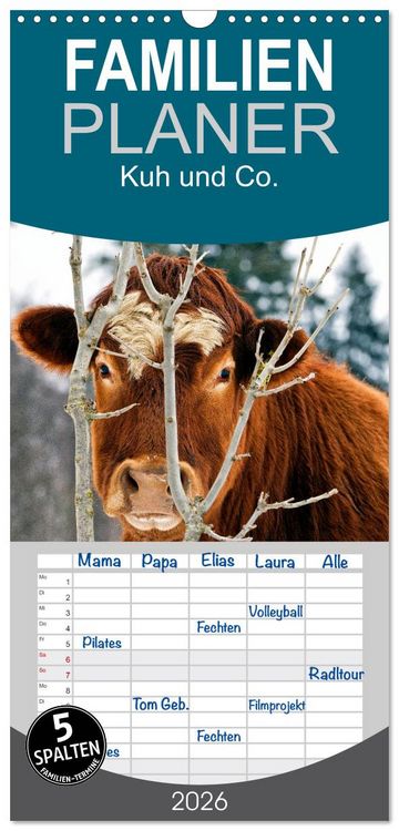 Produktbild: Familienplaner 2026 - Kuh und Co. mit 5 Spalten (Wandkalender, 21 x 45 cm) CALVENDO