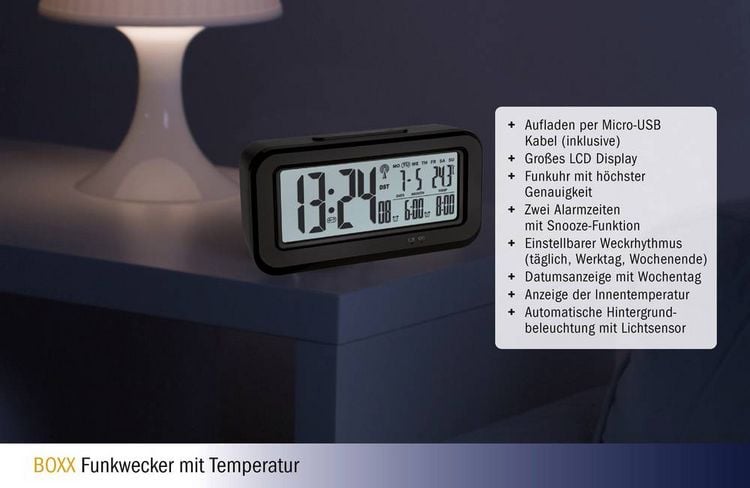 Produktbild: TFA Dostmann 60.2554.01 Funk Wecker Schwarz Alarmzeiten 2 Gro&szlig;es Display