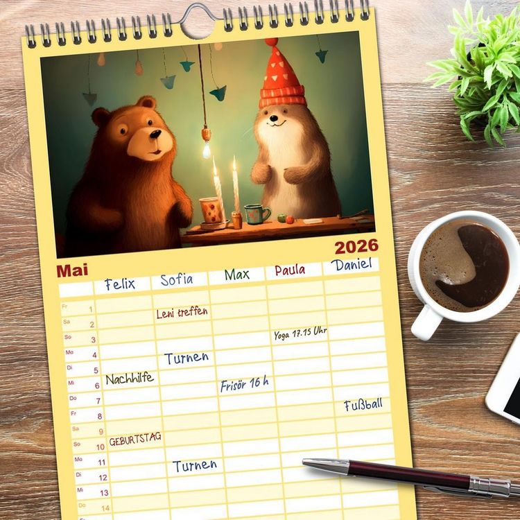 Produktbild: Familienplaner 2026 - B&auml;rige Illustrationen mit 5 Spalten (Wandkalender, 21 x 45 cm) CALVENDO