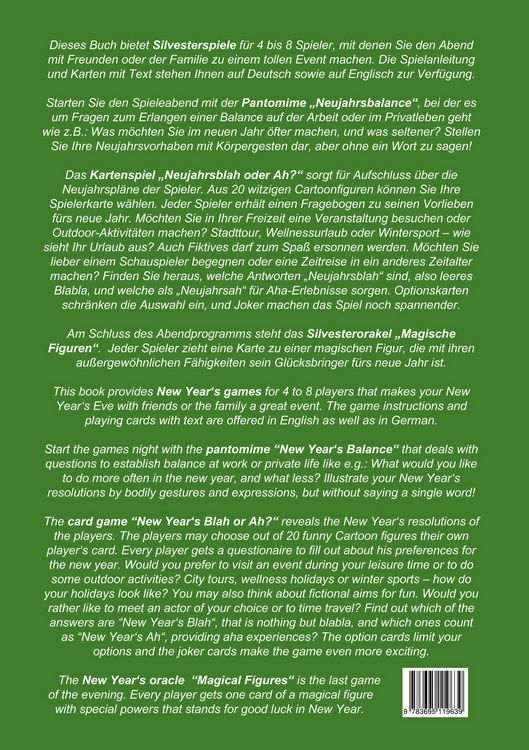 Produktbild: New Year's Games (Pantomime New Year's Balance; Card Game New Year's Blah or Ah? Leisure, Holidays, Fictions; New Year's Oracle Magical Figures) - Silvesterspiele (Pantomime Neujahrsbalance; Kartenspiel Neujahrsblah oder Ah? Freizeit, Urlaub, Fiktives; Silvesterorakel Magische Figuren)