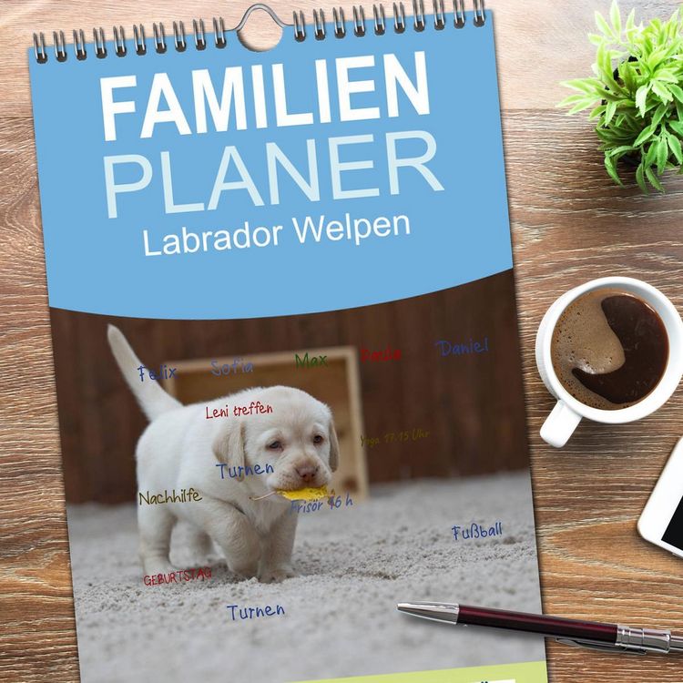 Produktbild: Familienplaner 2026 - Labrador Welpen mit 5 Spalten (Wandkalender, 21 x 45 cm) CALVENDO