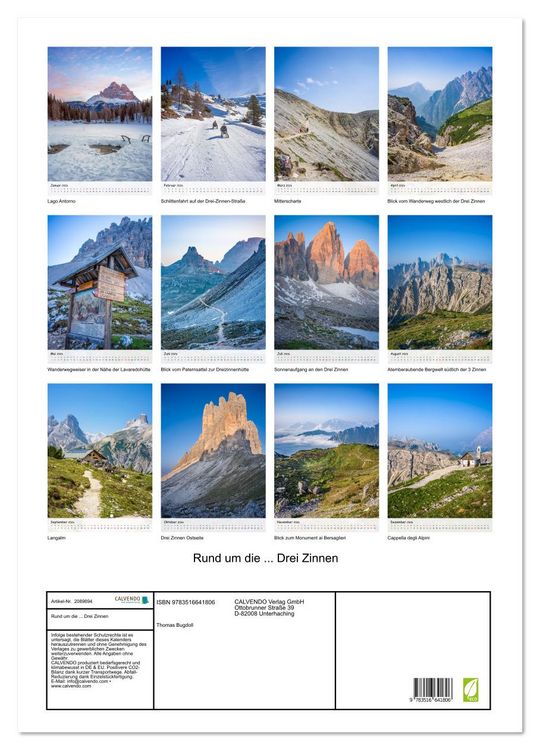Produktbild: Rund um die ... Drei Zinnen (Wandkalender 2026 DIN A2 hoch), CALVENDO Monatskalender