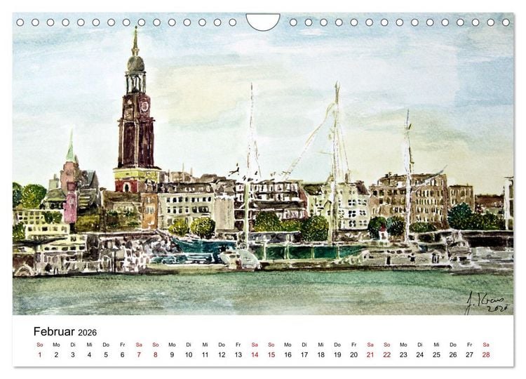 Produktbild: Hamburg in stillen Aquarellen (Wandkalender 2026 DIN A4 quer), CALVENDO Monatskalender