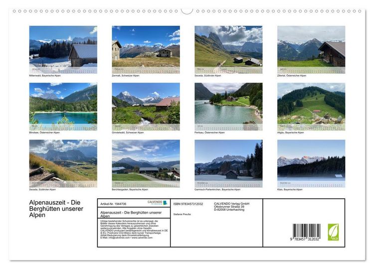 Produktbild: Alpenauszeit - Die Bergh&uuml;tten unserer Alpen (hochwertiger Premium Wandkalender 2026 DIN A2 quer), Kunstdruck in Hochglanz