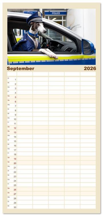 Produktbild: Familienplaner 2026 - Funny Greyhounds - Windhunde mal anders mit 5 Spalten (Wandkalender, 21 x 45 cm) CALVENDO