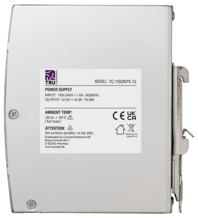 Produktbild: TRU COMPONENTS TC-13804588 Hutschienen-Netzteil (DIN-Rail) 12 V/DC 6.3 A 75.6 W Anzahl Ausg&auml;nge:1 x Inhalt 1 St.