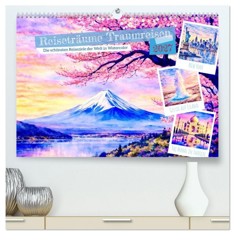 Produktbild: Reisetr&auml;ume Traumreisen. Die sch&ouml;nsten Reiseziele der Welt in Watercolor (hochwertiger Premium Wandkalender 2027 DIN A2 quer), Kunstdruck in Hochglanz