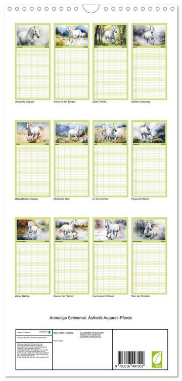 Produktbild: Familienplaner 2026 - Anmutige Schimmel. &Auml;sthetik Aquarell-Pferde mit 5 Spalten (Wandkalender, 21 x 45 cm) CALVENDO