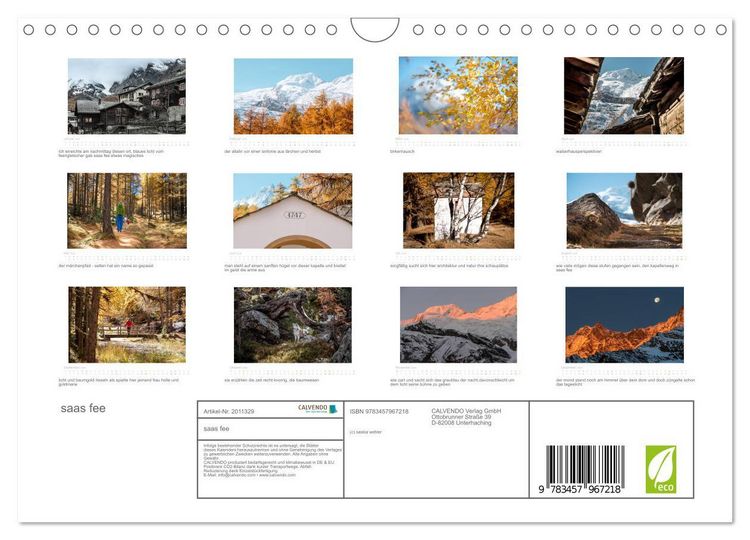 Produktbild: saas fee (Wandkalender 2026 DIN A4 quer), CALVENDO Monatskalender
