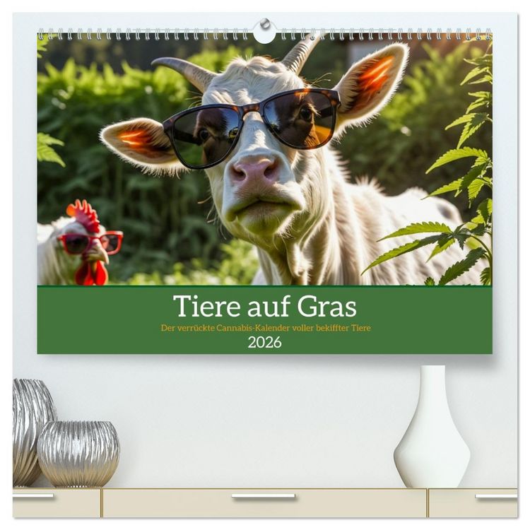 Produktbild: Tiere auf Gras - Der verr&uuml;ckte Cannabis-Kalender voller bekiffter Tiere (hochwertiger Premium Wandkalender 2026 DIN A2 quer), Kunstdruck in Hochglanz