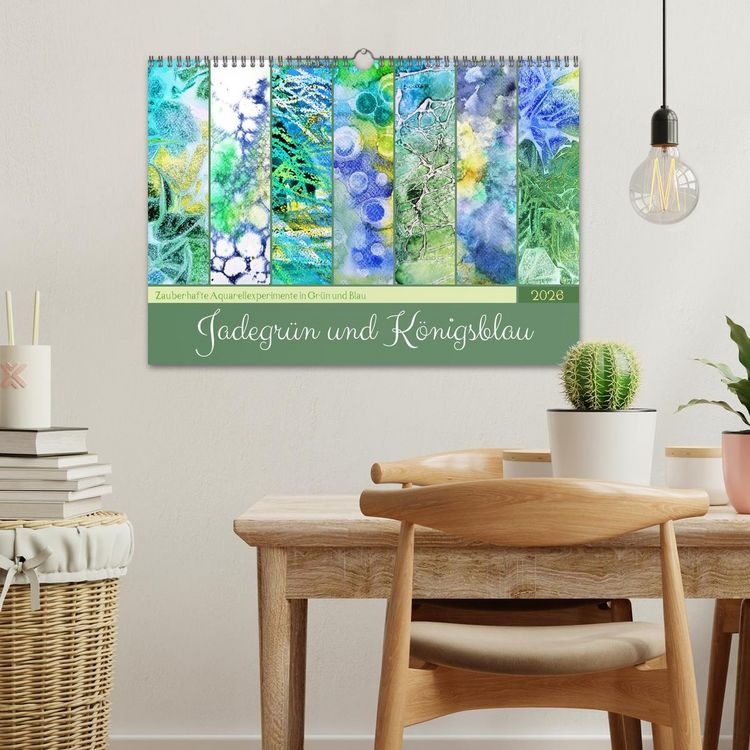 Produktbild: Jadegr&uuml;n und K&ouml;nigsblau - Zauberhafte Aquarellexperimente in Gr&uuml;n und Blau (Wandkalender 2026 DIN A3 quer), CALVENDO Monatskalender