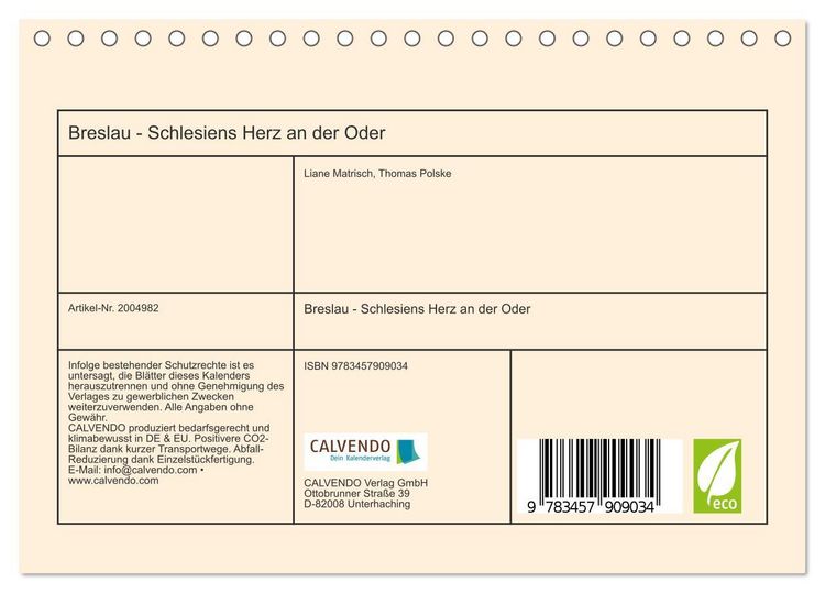 Produktbild: Breslau - Schlesiens Herz an der Oder (Tischkalender 2026 DIN A5 quer), CALVENDO Monatskalender