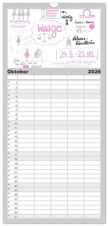 Produktbild: Familienplaner 2026 - Sternzeichen-Kalender mit 5 Spalten (Wandkalender, 21 x 45 cm) CALVENDO