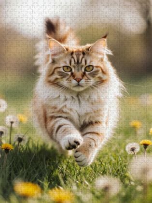 Produktbild: CALVENDO Puzzle Die Maine Coon Katze l&auml;uft voller Energie durch eine bl&uuml;hende Fr&uuml;hlingswiese. | 2000 Teile Lege-Gr&ouml;&szlig;e 90x67cm Foto-Puzzle f&uuml;r gl&uuml;cklic