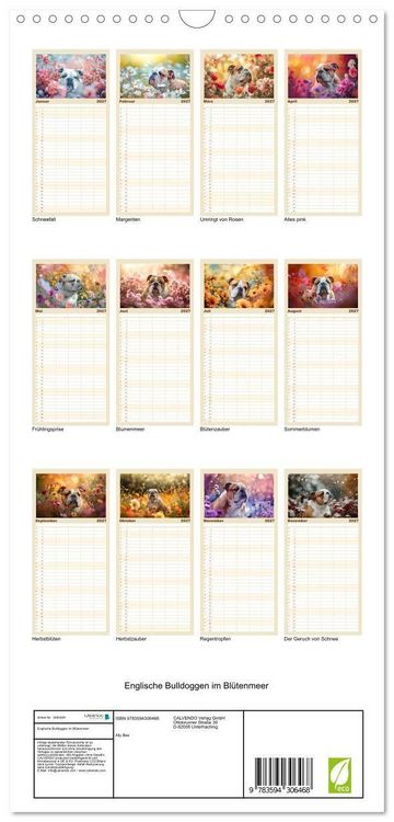 Produktbild: Familienplaner 2027 - Englische Bulldoggen im Bl&uuml;tenmeer mit 5 Spalten (Wandkalender, 21 x 45 cm) CALVENDO