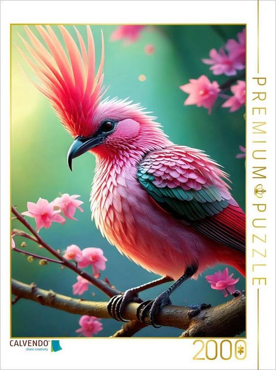 Produktbild: CALVENDO Puzzle Ein bunter Paradiesvogel mit pinkfarbenen Federkamm inmitten zarten pinkfarbenen Blumen | 2000 Teile Lege-Gr&ouml;&szlig;e 90x67cm Foto-Puzzle f&uuml;