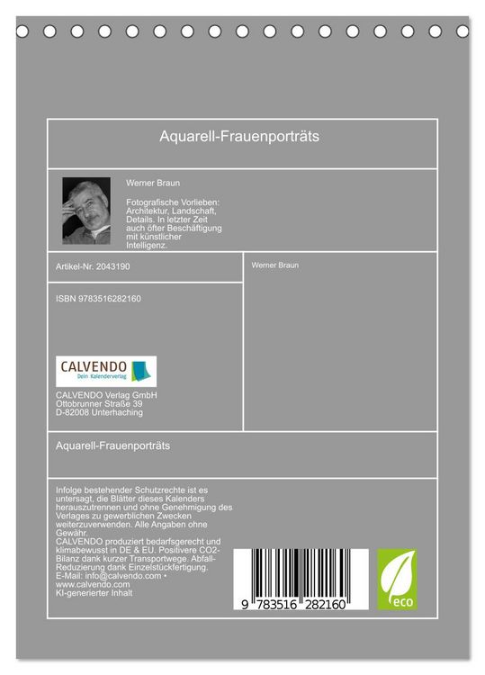 Produktbild: Aquarell-Frauenportr&auml;ts (Tischkalender 2026 DIN A5 hoch), CALVENDO Monatskalender