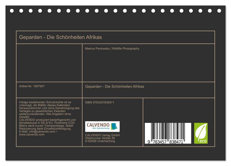 Produktbild: Geparden - Die Sch&ouml;nheiten Afrikas (Tischkalender 2026 DIN A5 quer), CALVENDO Monatskalender