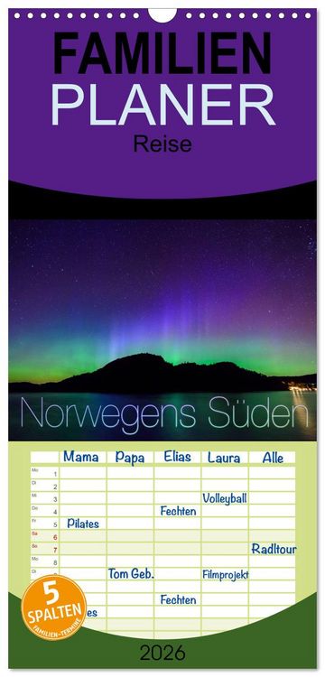 Produktbild: Familienplaner 2026 - Norwegens S&uuml;den mit 5 Spalten (Wandkalender, 21 x 45 cm) CALVENDO