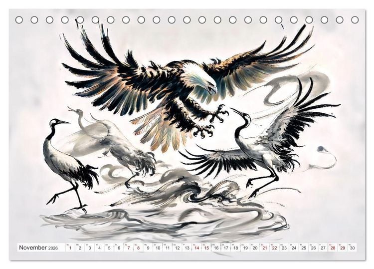 Produktbild: Eleganz der Kraniche - Majest&auml;tische V&ouml;gel in poetischer Tusche (Tischkalender 2026 DIN A5 quer), CALVENDO Monatskalender