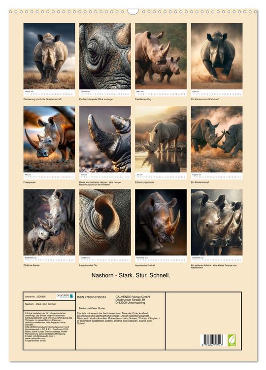 Produktbild: Nashorn - Stark. Stur. Schnell. (Wandkalender 2026 DIN A2 hoch), CALVENDO Monatskalender