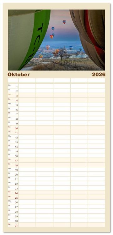 Produktbild: Familienplaner 2026 - Hei&szlig;luftballons Die sanften Riesen mit 5 Spalten (Wandkalender, 21 x 45 cm) CALVENDO