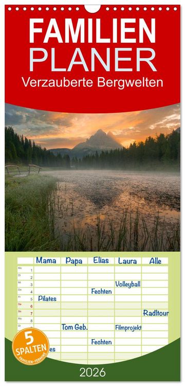 Produktbild: Familienplaner 2026 - Verzauberte Bergwelten mit 5 Spalten (Wandkalender, 21 x 45 cm) CALVENDO