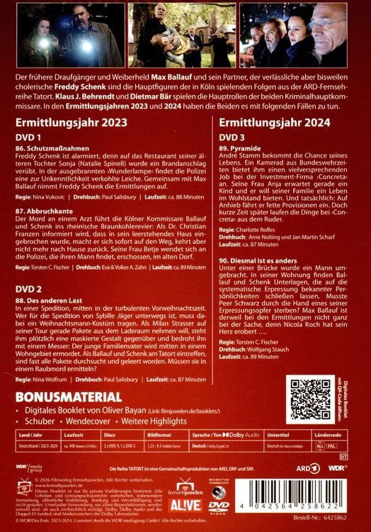 Produktbild: Tatort - Team K&ouml;ln (Ballauf & Schenk) - Ermittlungsjahre 2023 - 2024 (Folgen 86- 90) (Fernsehjuwelen) [3 DVDs]