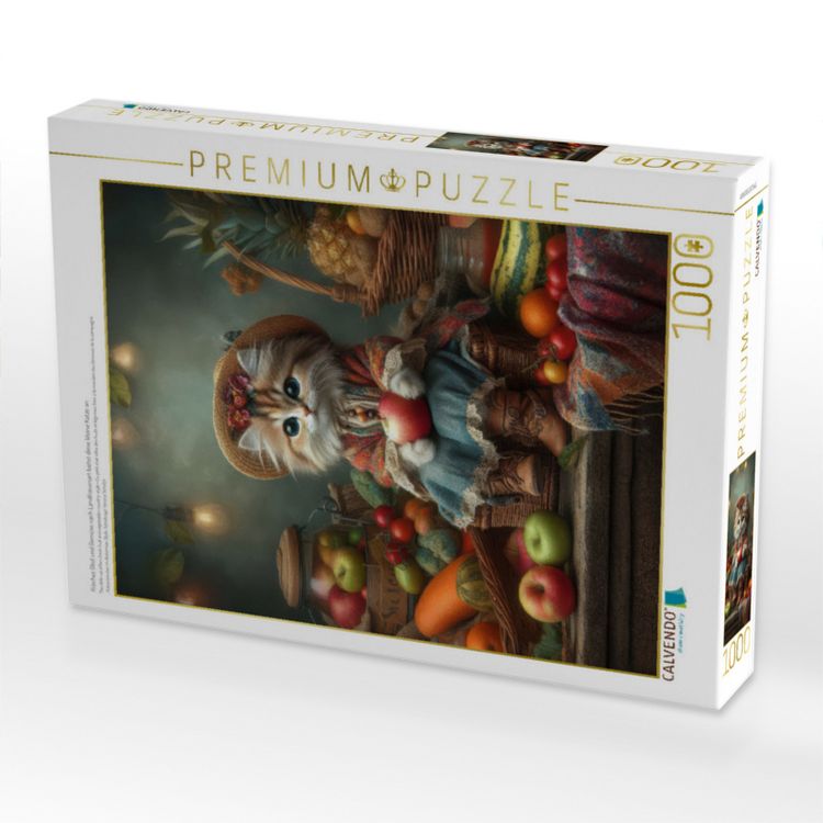 Produktbild: CALVENDO Puzzle Frisches Obst und Gem&uuml;se nach Landfrauenart bietet diese kleine Katze an | 1000 Teile Lege-Gr&ouml;&szlig;e 64x48cm Foto-Puzzle f&uuml;r gl&uuml;ckliche St